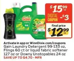 Winn Dixie Gain Laundry Detergent or Downy Unstopables offer