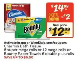Winn Dixie Charmin Bath Tissue or Bounty Paper Towels offer