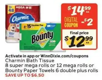 Winn Dixie Charmin Bath Tissue or Bounty Paper Towels offer