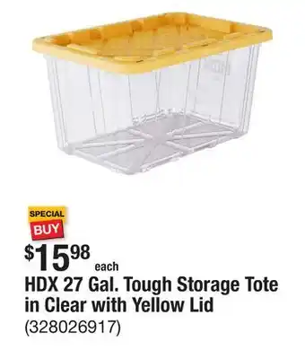 The Home Depot HDX 27 Gal. Tough Storage Tote in Clear with Yellow Lid offer