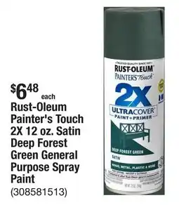 The Home Depot Rust-Oleum Painter's Touch 2X 12 oz. Satin Deep Forest Green General Purpose Spray Paint offer