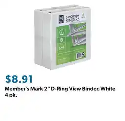 Sam's Club Member's Mark 2 D-Ring View Binder, White 4 pk offer
