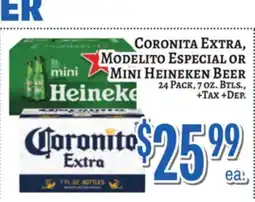 Trade Fair Supermarket CORONITA EXTRA, MODELITO ESPECIAL OR MINI HEINEKEN BEER offer