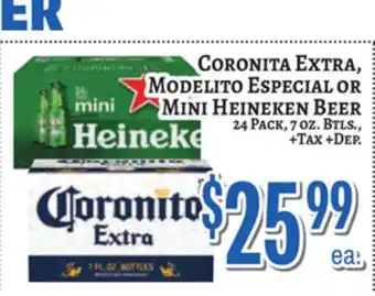 Trade Fair Supermarket CORONITA EXTRA, MODELITO ESPECIAL OR MINI HEINEKEN BEER offer