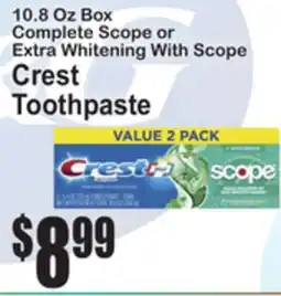 SuperFresh 10.8 Oz Box Complete Scope or Extra Whitening With Scope Crest Toothpaste offer