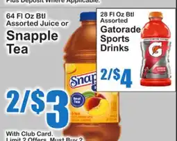 SuperFresh 64 FL Oz Btl Assorted Juice or Snapple Tea, 28 FL Oz Btl Assorted Gatorade Sports Drinks offer