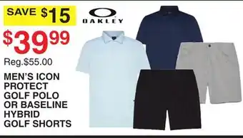 Dunham's Sports OAKLEY MEN'S ICON PROTECT GOLF POLO OR BASELINE HYBRID GOLF SHORTS offer