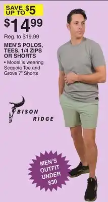 Dunham's Sports BISON RIDGE MEN'S POLOS, TEES, 7 ZIP OR SHORTS offer