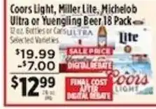 Pioneer Supermarkets Coors Light, Miller Lite, Michelob Ultra or Yuengling Beer offer