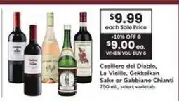 Safeway Castillo del Diablo, La Vieille, Gabbekan Sake or Gabbiano Chianti offer