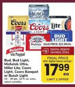 Safeway Bud, Bud Light, Michelob Ultra, Miller Lite, Coors Light, Coors Banquet or Busch Light offer
