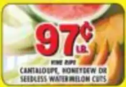 Miners County Market Nine Ripe Cantaloupe, Honeydew Or Seedless Watermelon Cuts offer