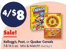 Family Dollar Kellogg's, Post, or Quaker Cereals offer