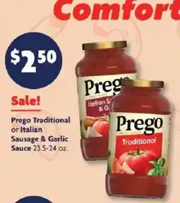 Family Dollar Prego traditional or italian sausage & garlic sauce offer