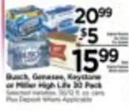 Tops Busch, Genesee, Keystone or Miller High Life 30 Pack offer