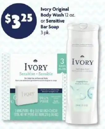 Family Dollar Ivory original body wash or sensitive bar soap offer