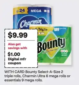 CVS Bounty Select-A-Size 2 triple rolls, Charmin Ultra 6 mega rolls or essentials 9 mega rolls offer