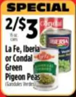 Pioneer Supermarkets La Fe, Iberia or Condal Green Pigeon Peas offer