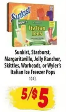 Food Giant Sunkist, Starburst, Margaritaville, Jolly Rancher, Skittles, Warheads, or Wyler's Italian Ice Freezer Pops offer