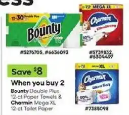 Lowe's Bounty Double Plus paper towels and charm ultra strong toilet paper offer