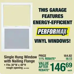 Menards Performax single hung window with nailing flange offer