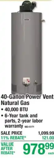Menards Rheem 40-Gallon Power Vent Natural Gas offer