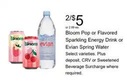 Walgreens Bloom Pop or Flavored Sparkling Energy Drink or Evian Spring Water offer