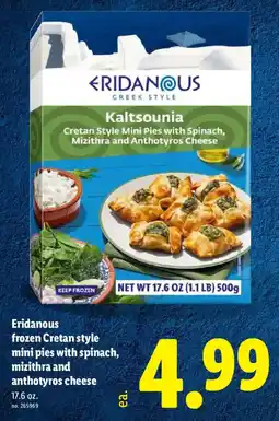 Lidl Eridanous frozen Cretan style mini pies with spinach, mizithra and anthotyros cheese offer