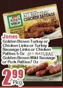 Key Food Jones Golden Brown Turkey or Chicken Sausage Links or Turkey Sausage Links or Chicken Patties offer