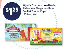 Family Dollar Wyler's, Starburst, WarHeads, Italian Ices, Margaritaville, or Sunkist Freezer Pops offer