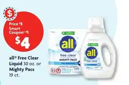 Family Dollar all Free Clear Liquid 30 oz. or Mighty Pacs 19 ct offer
