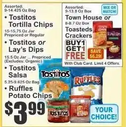 Key Food Tostitos Tortilla Chips, Tostitos or Lay’s Dips, Tostitos Salsa, Ruffles Potato Chips offer