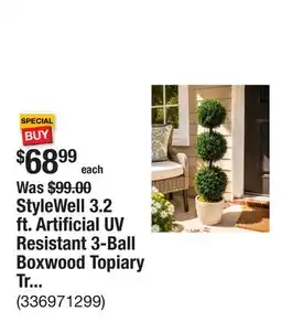 The Home Depot StyleWell 3.2 ft. Artificial UV Resistant 3-Ball Boxwood Topiary Tree in White Pot offer