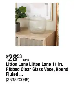 The Home Depot Litton Lane Litton Lane 11 in. Ribbed Clear Glass Vase, Round Fluted Decorative Flower Vase offer