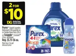 Dollar General Purex Liquid Laundry Detergent 58 Load/66 oz. or Single Dose Pacs 28 ct. or Snuggle CrystalsTM 21 oz offer