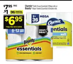 Dollar General Charmin Bath Tissue Essentials 9 Mega rolls or Bounty Paper Towels Essentials 6 Double rolls offer
