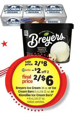 Meijer Breyers Ice Cream, 48 oz. or Ice Cream Bars 6 oz. 18-21 pk., or Klondike Ice Cream Bars offer