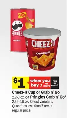 Meijer Cheez-It Cup or Grab n' Go 2.2-3 oz. or Pringles Grab n' Go* 2.36-2.5 oz offer