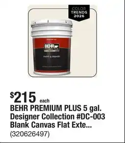 The Home Depot BEHR PREMIUM PLUS 5 gal. Designer Collection #DC-003 Blank Canvas Flat Exterior Paint & Primer offer