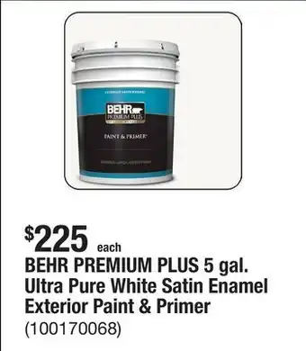 The Home Depot BEHR PREMIUM PLUS 5 gal. Ultra Pure White Satin Enamel Exterior Paint & Primer offer