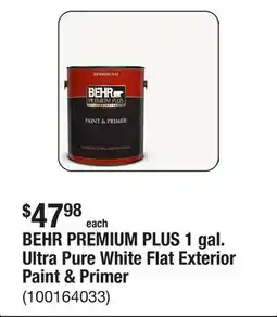 The Home Depot BEHR PREMIUM PLUS 1 gal. Ultra Pure White Flat Exterior Paint & Primer offer