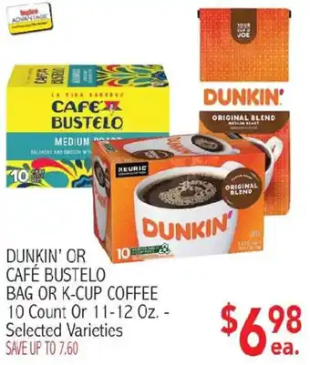 Ingles Markets Dunkin' or Cafe Bustelo bag or k-cup coffee offer