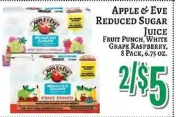 Trade Fair Supermarket Apple & Eve reduced sugar juice fruit punch, white grape raspberry offer