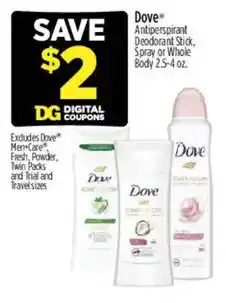 Dollar General Dove Antiperspirant Deodorant Stick, Spray or Whole Body offer