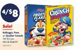 Family Dollar Kellogg's, Post, or Quaker Cereals offer