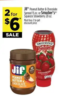 Dollar General Jif Peanut Butter & Chocolate Spread or Smucker's Squeeze Strawberry offer