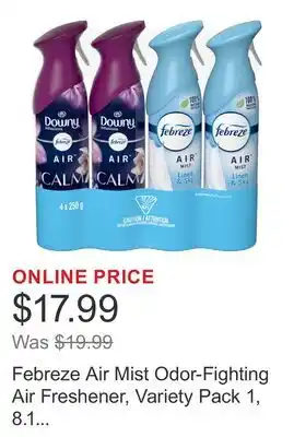 Costco Febreze Air Mist Odor-Fighting Air Freshener, Variety Pack 1, 8.1 fl oz, 4-count offer