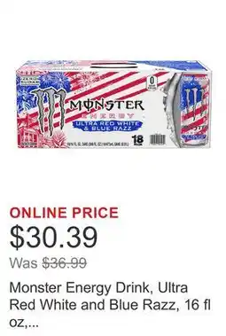 Costco Monster Energy Drink, Ultra Red White and Blue Razz, 16 fl oz, 18-count offer