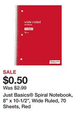 Office Depot Just Basics Spiral Notebook, 8 x 10-1/2, Wide Ruled, 70 Sheets, Red offer