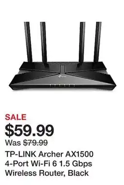 Office Depot TP-LINK Archer AX1500 4-Port Wi-Fi 6 1.5 Gbps Wireless Router, Black offer